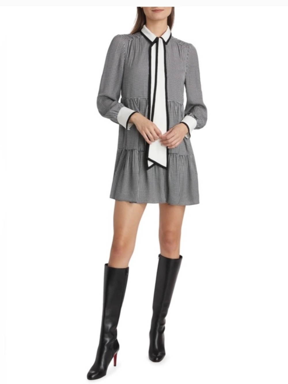 Alice + Olivia Houndstooth Tie-Neck Tiered Mini Dress XL/L